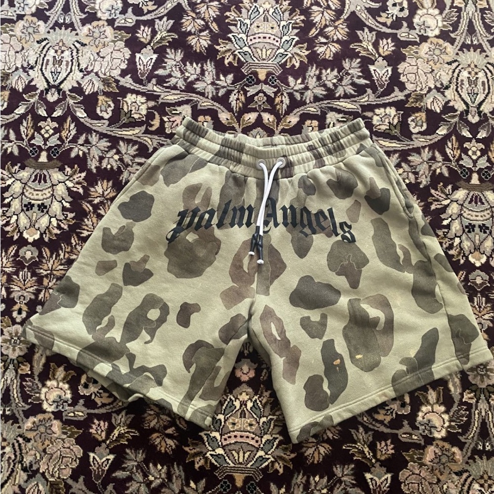 Palm Angels Green and Brown Camouflage Athletic Shorts